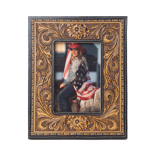 Bordertown Handtooled Leather Photo Frame in brown, premium western home décor - Myra USA