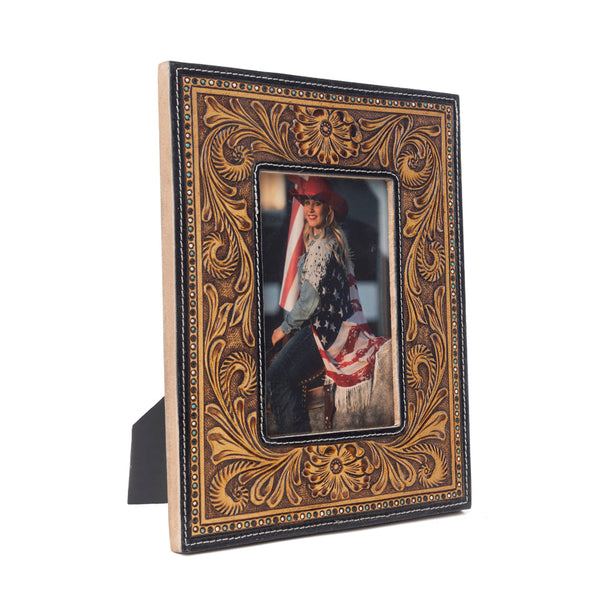 Bordertown Handtooled Leather Photo Frame in brown, premium western home décor - Myra USA