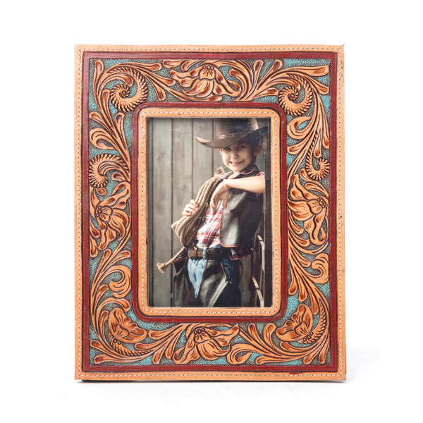 Myra Magnolia Rise Handtooled Leather Photo Frame in Deep Mahogany - Myra USA
