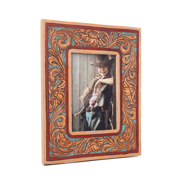 Myra Magnolia Rise Handtooled Leather Photo Frame in Deep Mahogany - Myra USA
