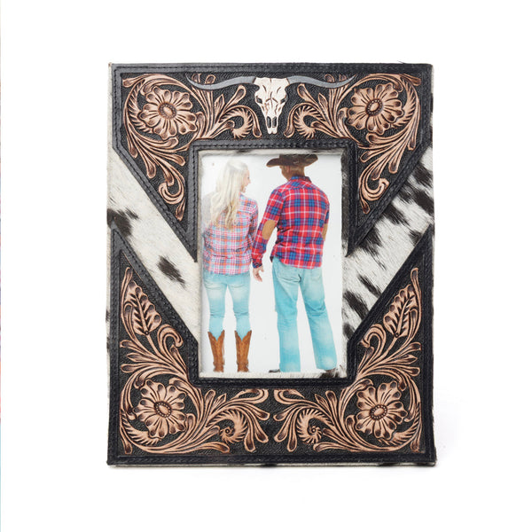 Saddlewood Handtooled Leather Photo Frame in brown with hairon detail, western home décor - Myra USA