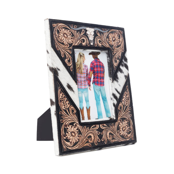 Saddlewood Handtooled Leather Photo Frame in brown with hairon detail, western home décor - Myra USA