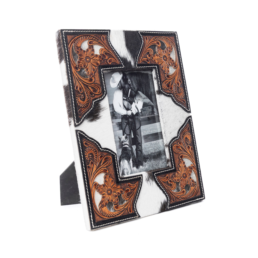 Cornerstone Handtooled Leather Photo Frame in brown with hairon detail, western home décor - Myra USA
