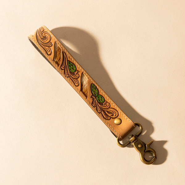 Wildvine Pony Western Handtooled Key Fob in tan with cactus detail - Myra USA