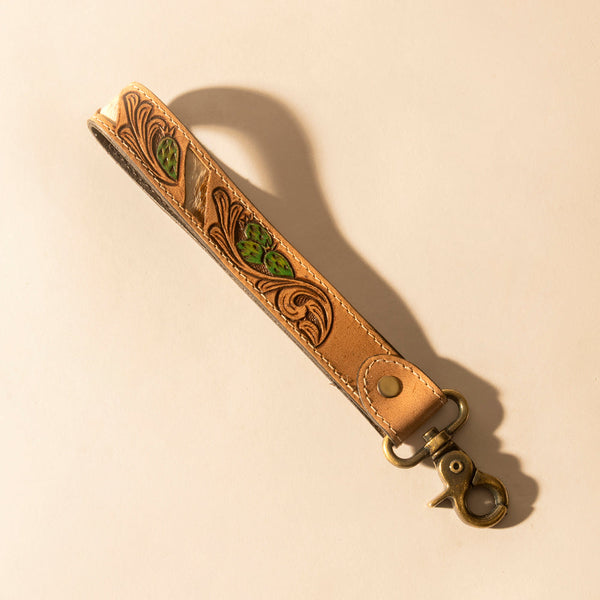 Wildvine Pony Western Handtooled Key Fob in tan with cactus detail - Myra USA