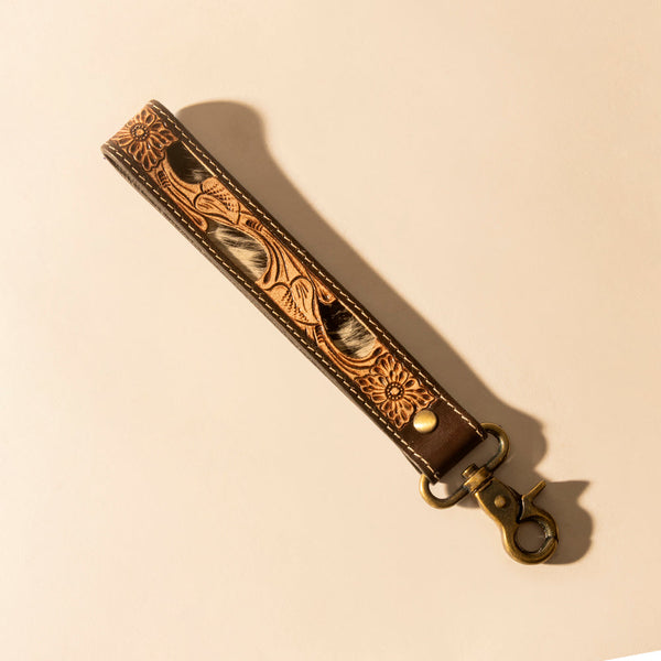 Wildvine Pony Western Handtooled Key Fob in dark brown with hairon detail - Myra USA