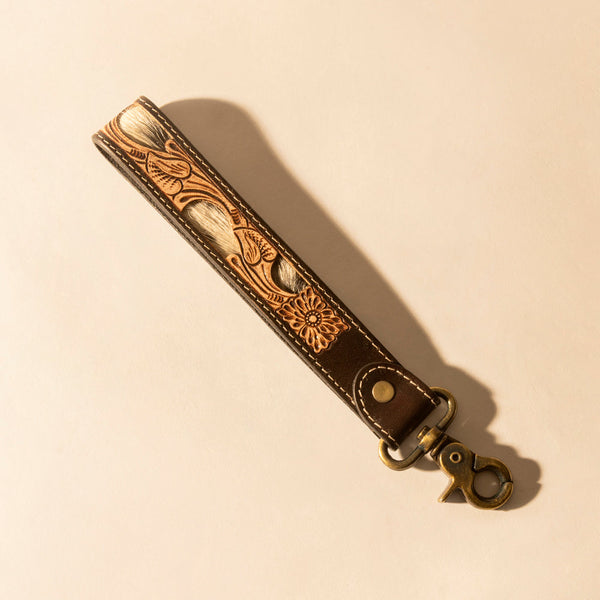 Wildvine Pony Western Handtooled Key Fob in dark brown with hairon detail - Myra USA