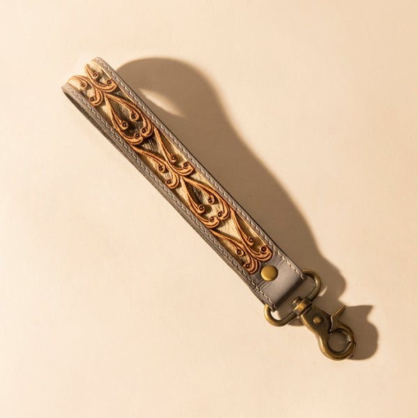 Wildvine Pony Western Handtooled Key Fob in dusk blue with hairon detail - Myra USA