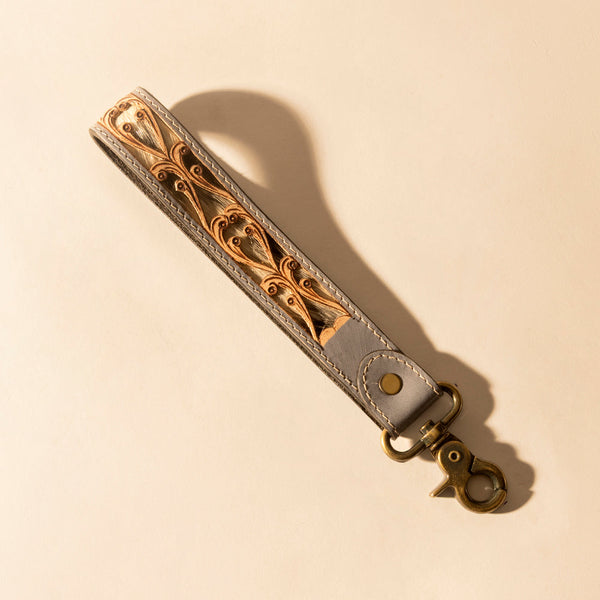 Wildvine Pony Western Handtooled Key Fob in dusk blue with hairon detail - Myra USA