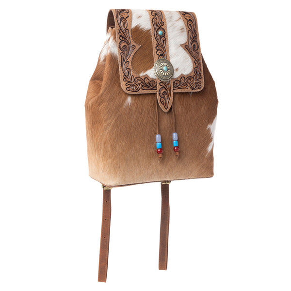 Myra Yellowstone Timber Pass Hairon Handtooled Leather Concealed Carry Bag in Caramel Tan - Myra USA