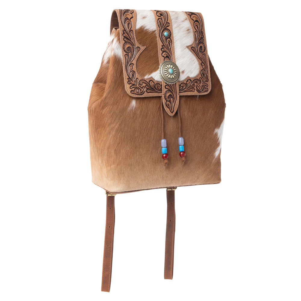 Myra Yellowstone Timber Pass Hairon Handtooled Leather Concealed Carry Bag in Caramel Tan - Myra USA