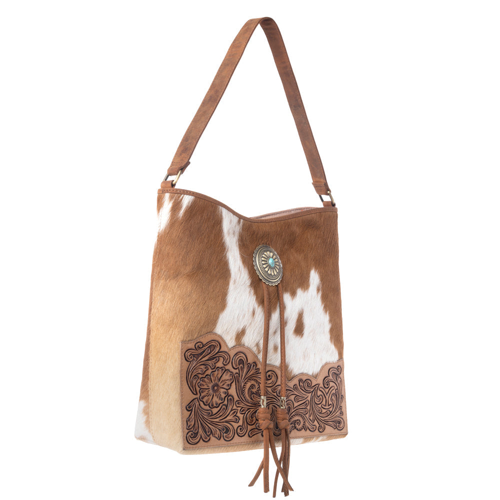 Myra Yellowstone Tawny Ridge Handtooled Hairon Concealed Carry Bag in Ivory Mocha - Myra USA
