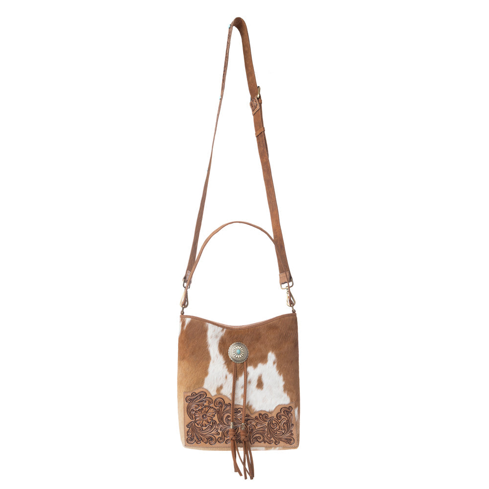 Myra Yellowstone Tawny Ridge Handtooled Hairon Concealed Carry Bag in Ivory Mocha - Myra USA