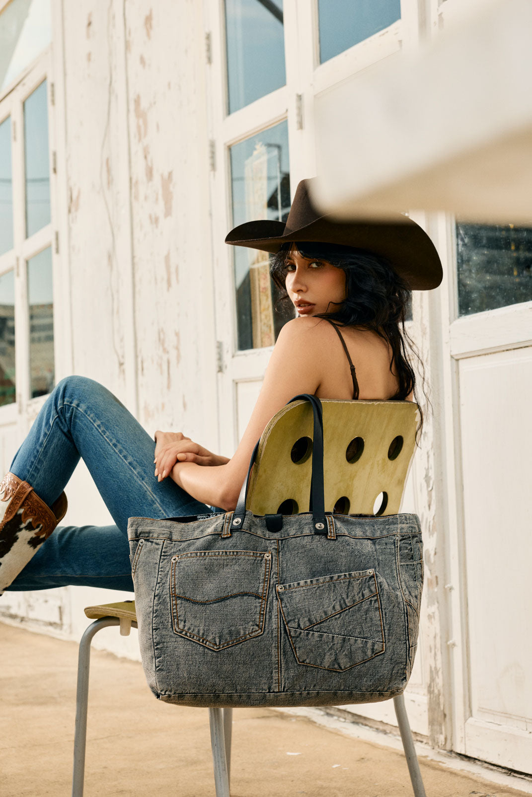 Myra Billyjean Western denim Tote Bag for Women in denim black with leather detail - Myra USA