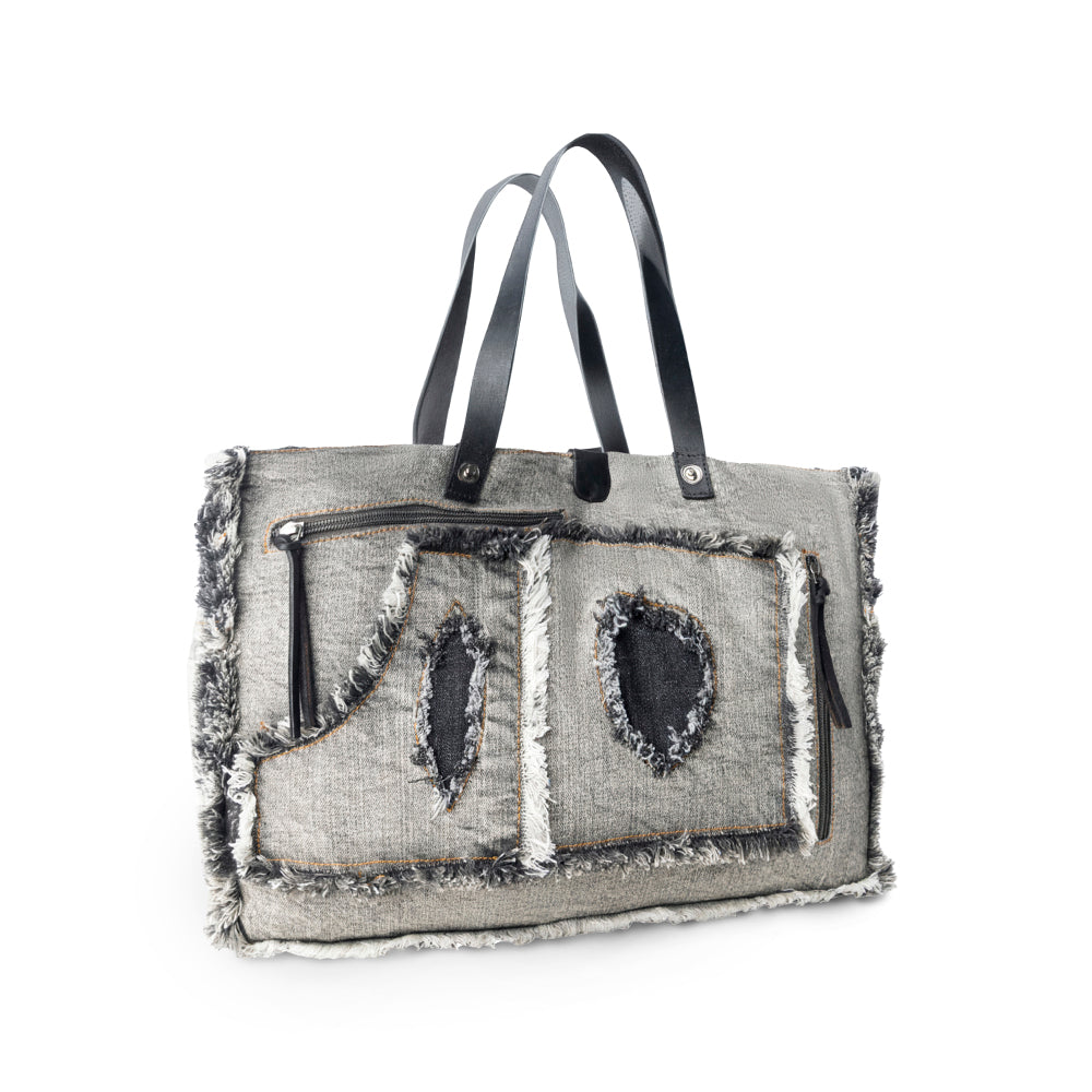 Frayed Frontier Western denim Tote Bag for Women in denim black with fringe detail - Myra USA
