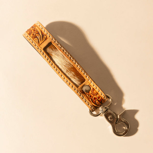 Hide Inlay Western Key Fob in creme with floral detail - Myra USA