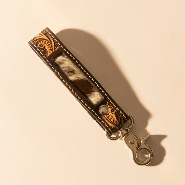 Hide Inlay Western Key Fob in dark brown with hairon detail - Myra USA