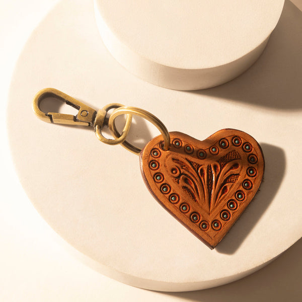 Studded Heart Western Key Fob in brown with handtooled detail - Myra USA