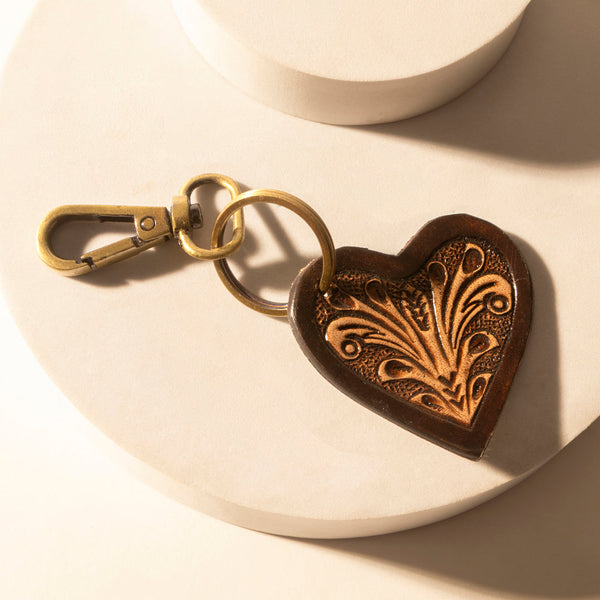 Carved Heart Western Key Fob in dark brown with handtooled detail - Myra USA