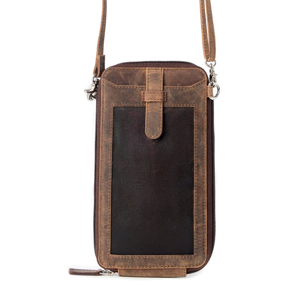 Wildtouch Western Phone Crossbody in dark brown with leather detail - Myra USA
