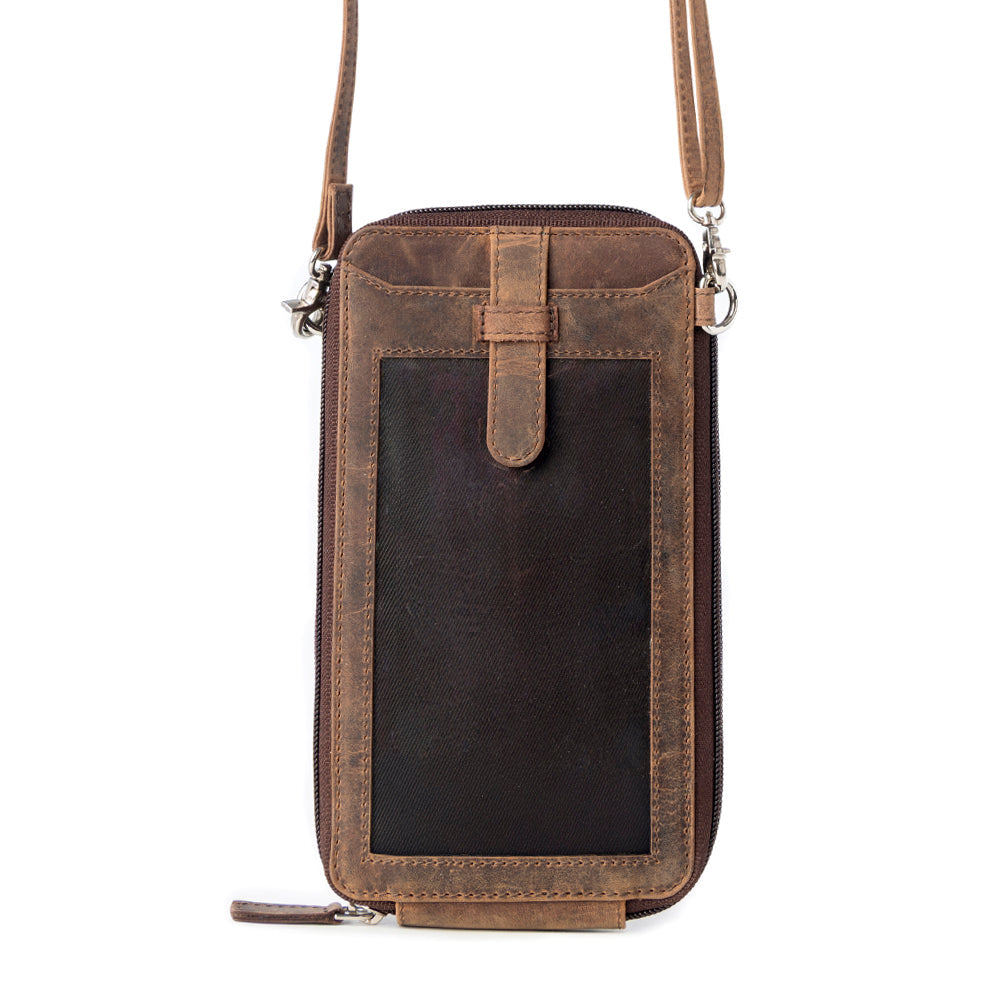 Wildtouch Western Phone Crossbody in dark brown with leather detail - Myra USA