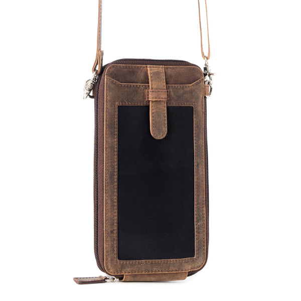 Wildtouch Western Phone Crossbody in dark brown with leather detail - Myra USA