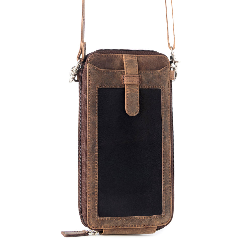 Wildtouch Western Phone Crossbody in dark brown with leather detail - Myra USA