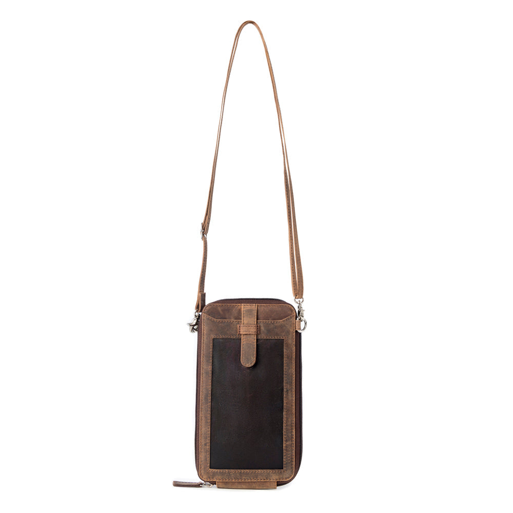 Wildtouch Western Phone Crossbody in dark brown with leather detail - Myra USA