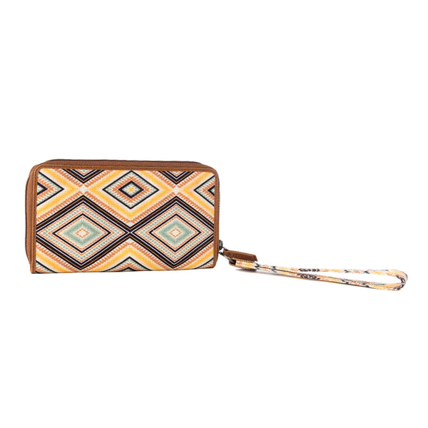 Kilim Trail Western Wallet for Women in mustard with leather detail and RFID protection - Myra USA