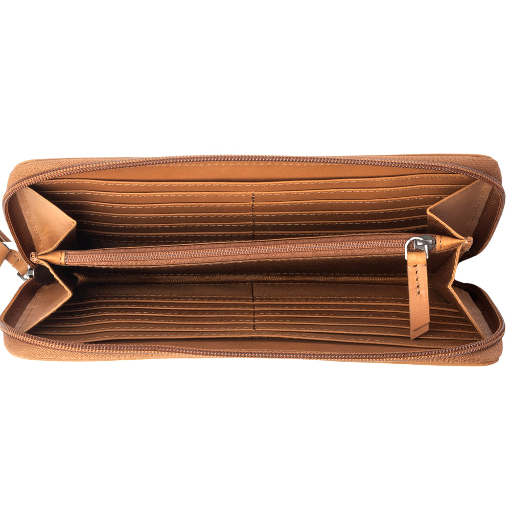 Kilim Trail Western Wallet for Women in Mocha with leather detail and RFID protection - Myra USA