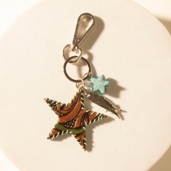 Myra Moonlight Bay Star Handtooled Leather Key Fob in Amber Turquoise - Myra USA