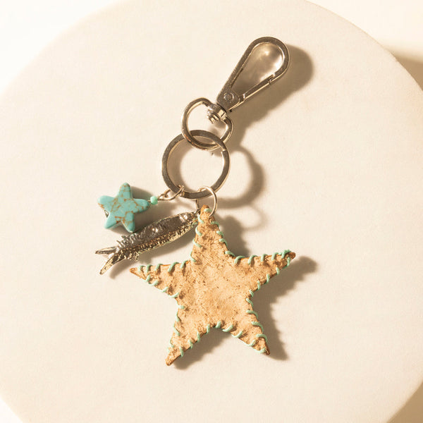 Myra Moonlight Bay Star Handtooled Leather Key Fob in Amber Turquoise - Myra USA