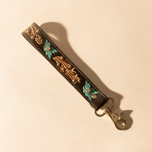 Wildhue Western Key Fob in black with turquoise floral handtooled detail - Myra USA