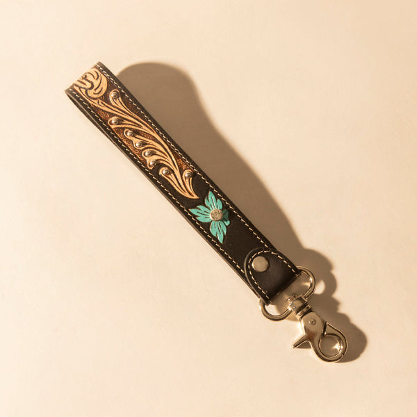 Wildhue Western Key Fob in black with turquoise floral handtooled detail - Myra USA