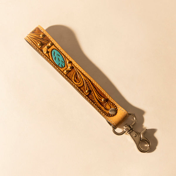 Wildhue Western Key Fob in light brown with turquoise stone handtooled detail - Myra USA