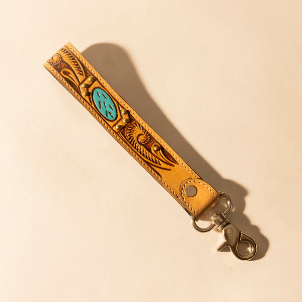 Wildhue Western Key Fob in light brown with turquoise stone handtooled detail - Myra USA