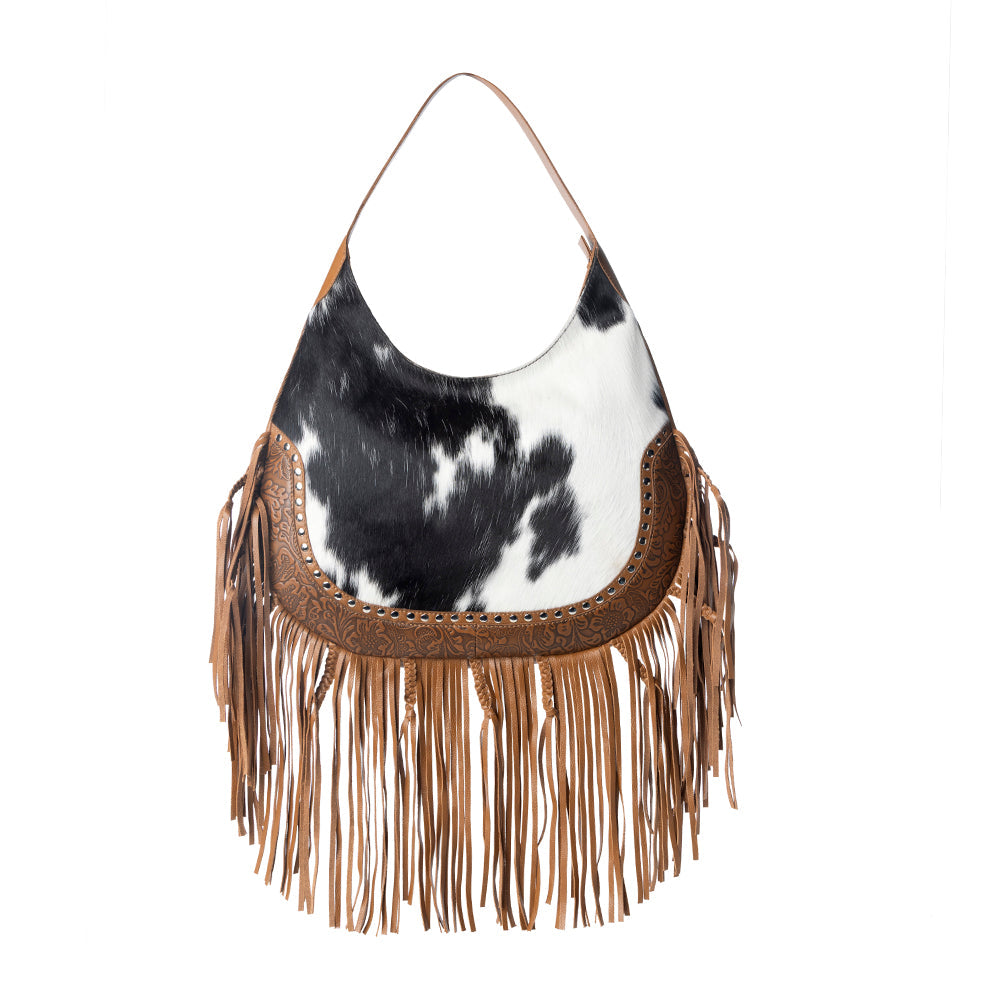 Lasso Lane Hairon Leather Bag for Women in brown with fringe and embossed detail - Myra USA