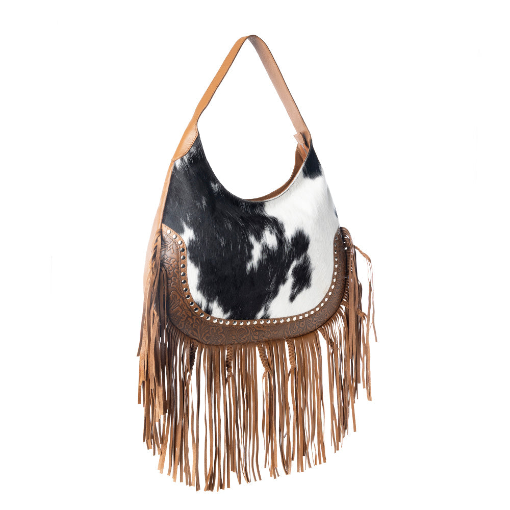 Lasso Lane Hairon Leather Bag for Women in brown with fringe and embossed detail - Myra USA