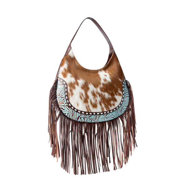 Lasso Lane Hairon Leather Bag for Women in tan with fringe and embossed detail - Myra USA