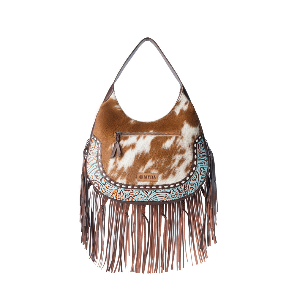 Lasso Lane Hairon Leather Bag for Women in tan with fringe and embossed detail - Myra USA
