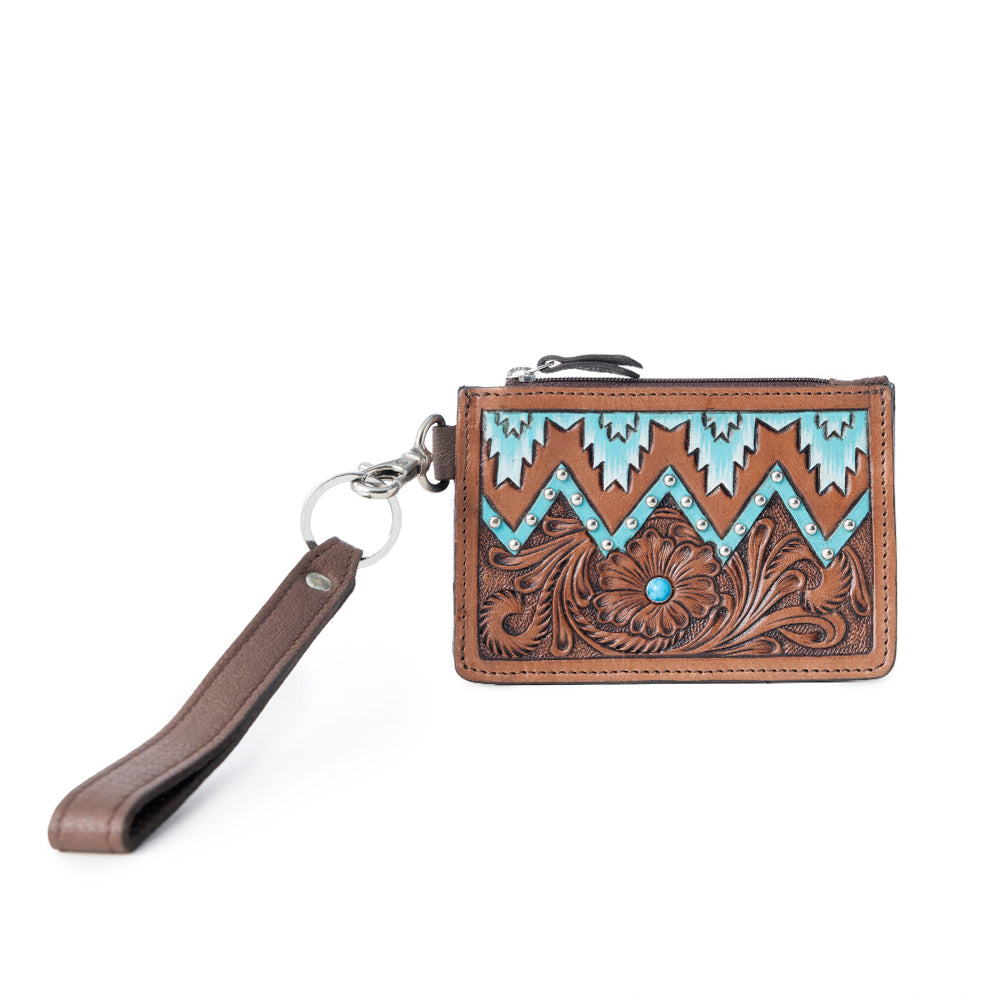Myra Hand Hewn Western Card Holder for Women in Brown & Turquoise