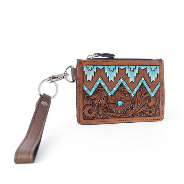 Hand Hewn Western Card Holder for Women in Brown & Turquoise with handtooled detail - Myra USA