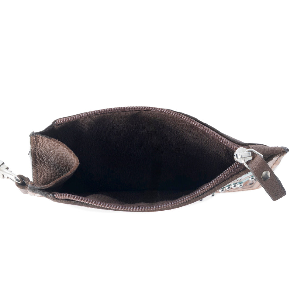 Hand Hewn Western Card Holder for Women in Brown & Turquoise with handtooled detail - Myra USA