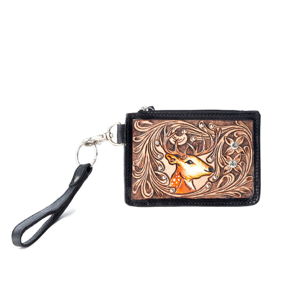 Hand Hewn Western Card Holder for Women in Brown with handtooled detail - Myra USA