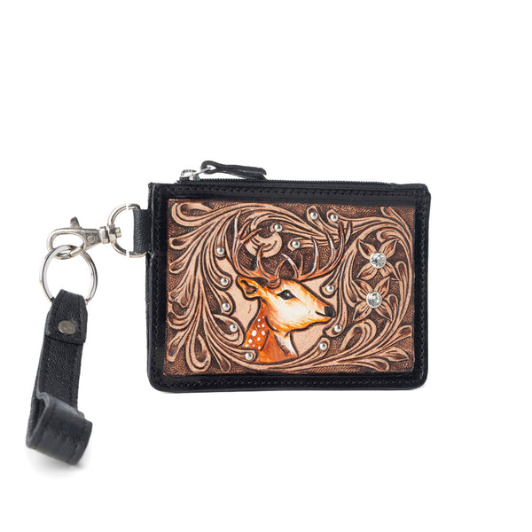 Hand Hewn Western Card Holder for Women in Brown with handtooled detail - Myra USA