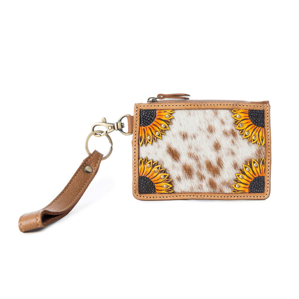Hand Hewn Western Card Holder for Women in Light Brown with handtooled detail - Myra USA