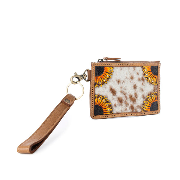 Hand Hewn Western Card Holder for Women in Light Brown with handtooled detail - Myra USA