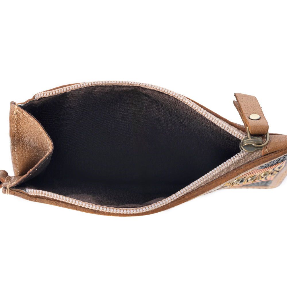 Hand Hewn Western Card Holder for Women in Light Brown with handtooled detail - Myra USA