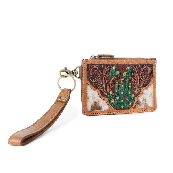 Hand Hewn Western Card Holder for Women in Light Brown with handtooled Cactus detail - Myra USA