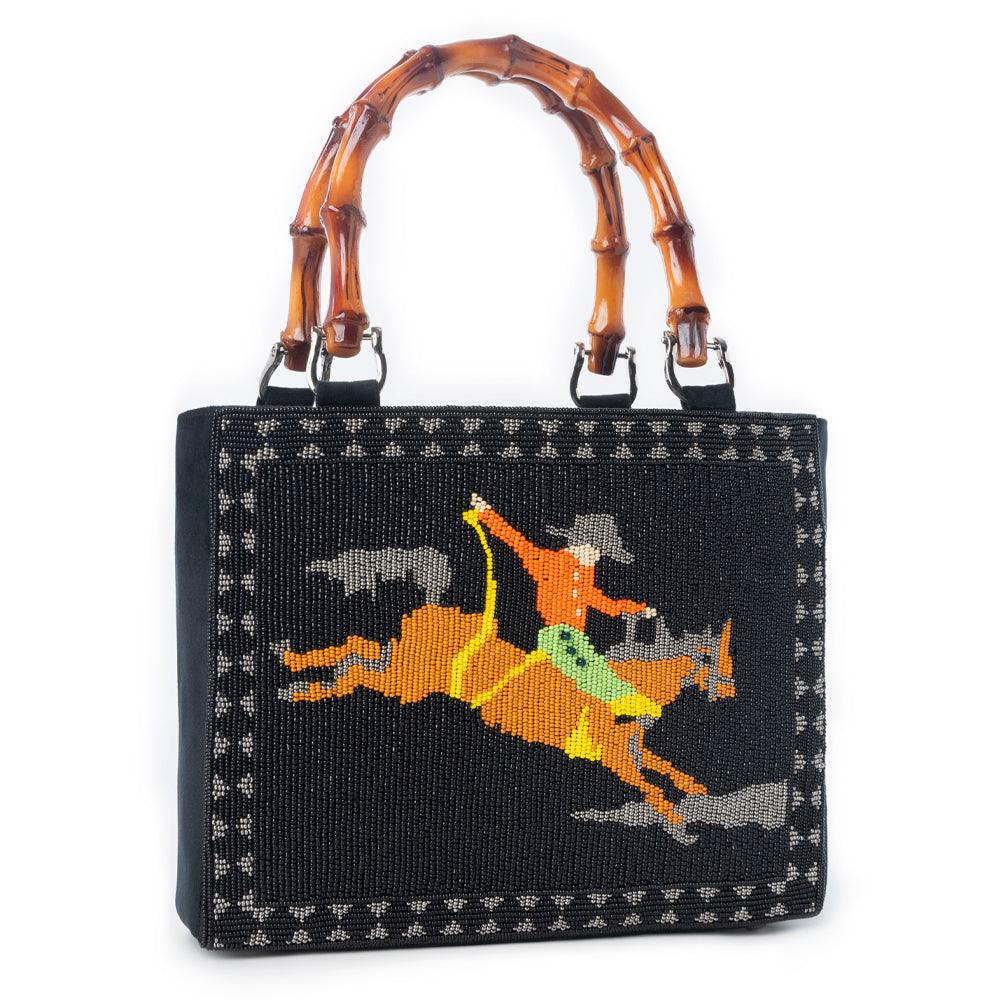 Eight Seconds Western hand beaded bag in black with bamboo handle and horse embroidery - Myra USA